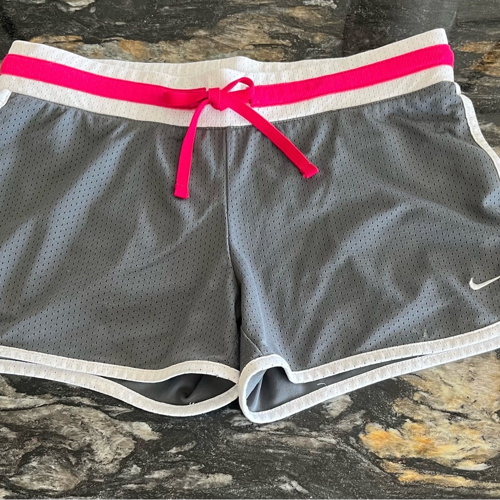 Nike Women's Gray Athletic Shorts with Pink Trim